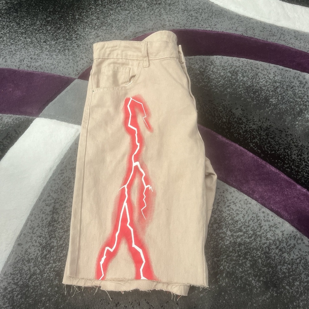 SHEIN Beige Jean Shorts with Striking Red Pattern